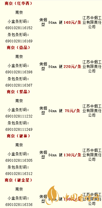 南京香烟价格表2020价格表一览 南京香烟多少钱一包