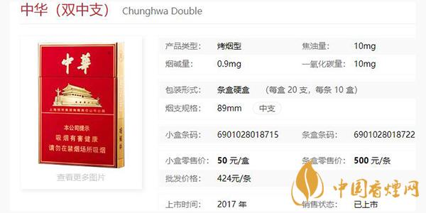 香烟网 香烟价格 中华双中支多少钱一盒?