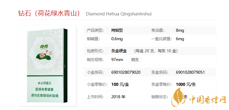 6元/条 钻石荷花绿水青山 产品类型:烤烟型 焦油量:8mg 烟碱量:0.