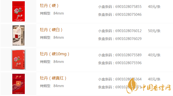 软红牡丹香烟价格表图片