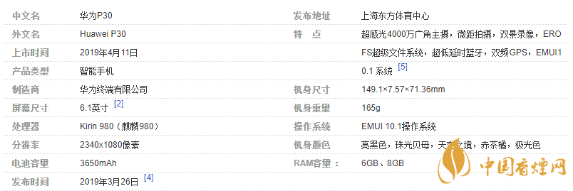 华为p30详细参数-HUAWEIp30规格参数和配置