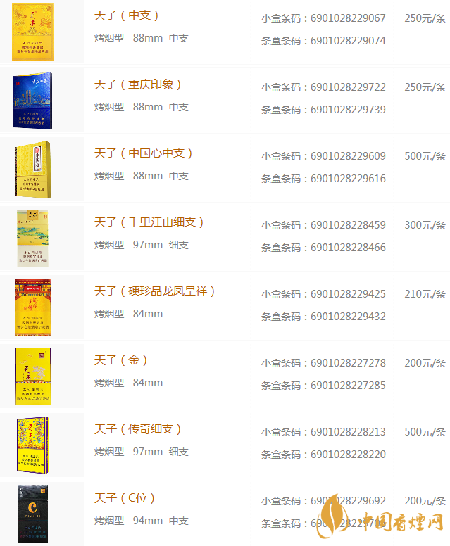 天子香烟价格表图大全天子香烟多少钱一盒