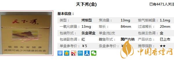 黄壳天下秀多少钱一包 最贵的天下秀(黄)香烟价格表图(5元)