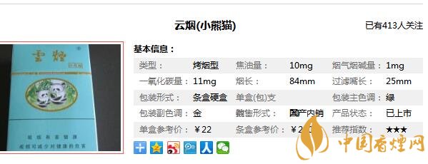 云烟小熊猫(硬)多少钱一包 云烟小熊猫香烟价格22元/包