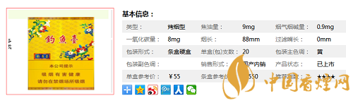 钓鱼台中支香烟价格 钓鱼台中支口感及参数