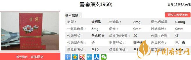 雪莲细支1960多少钱一包 雪莲细支1960口感及参数介绍